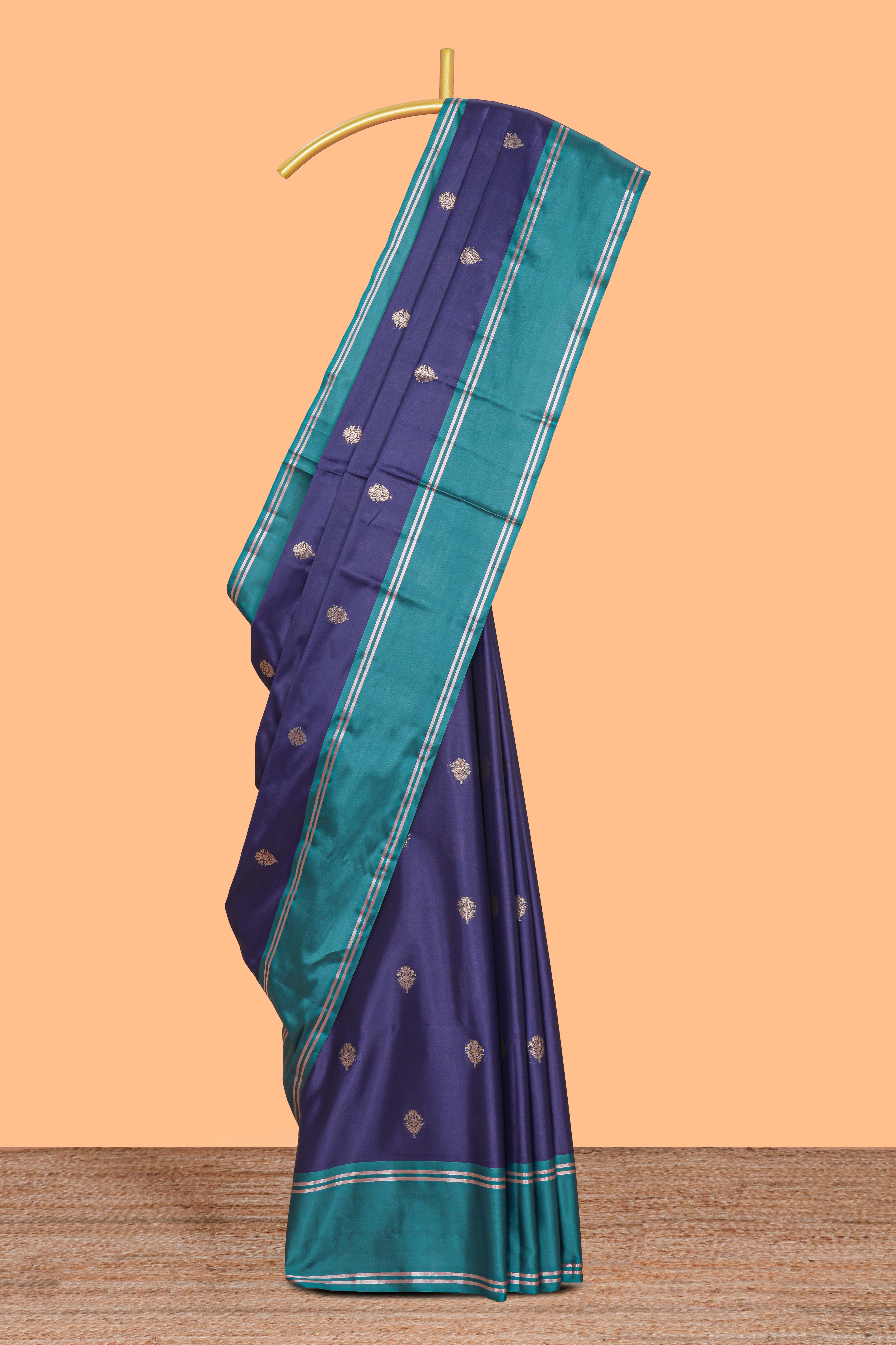 Blue floral zari motifs design kathan silk saree with contrast borders and zari pallu