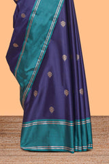 Blue floral zari motifs design kathan silk saree with contrast borders and zari pallu