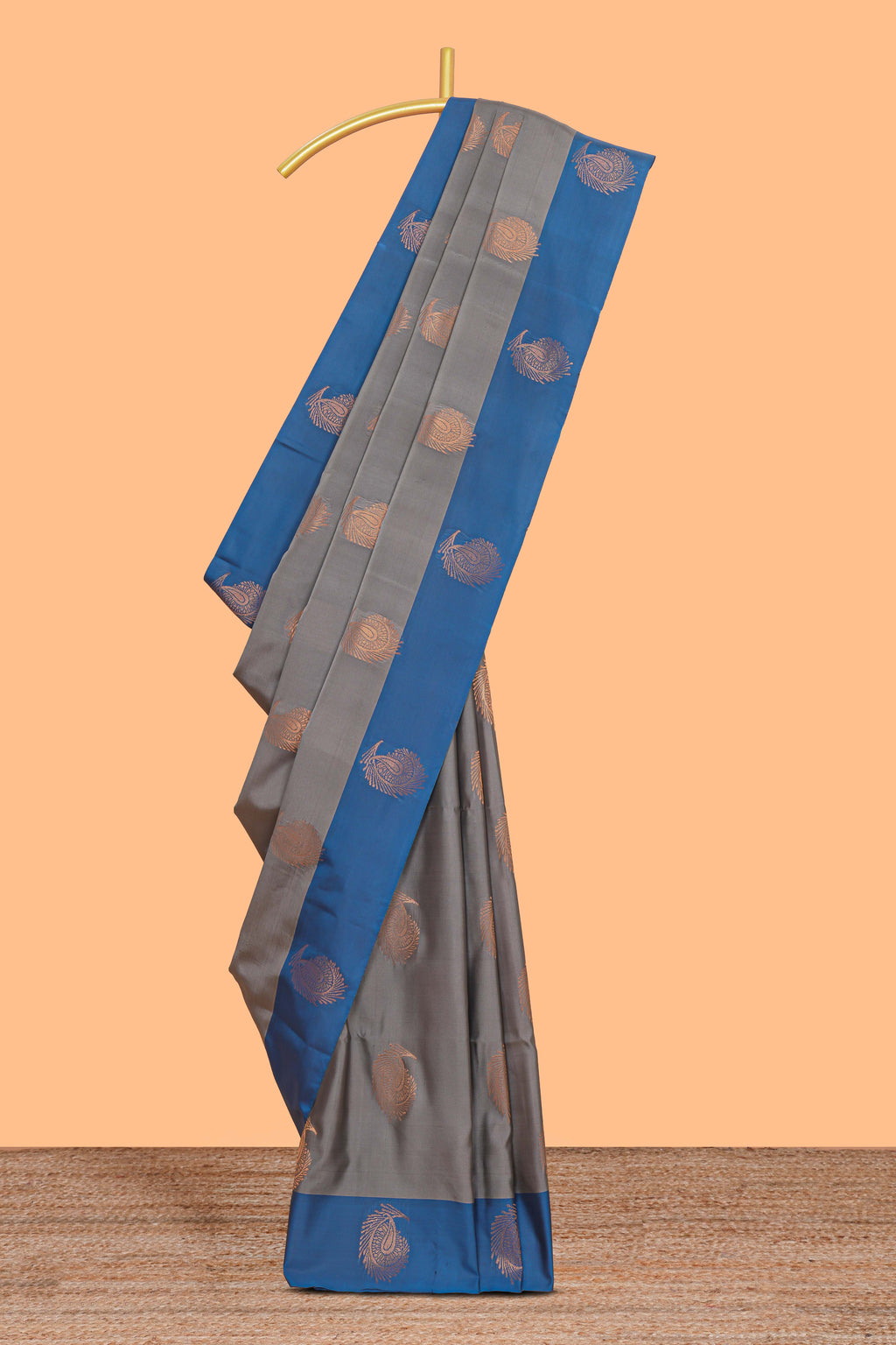 Grey zari motifs design kathan silk saree with contrast borders and plain blouse