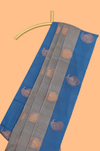 Grey zari motifs design kathan silk saree with contrast borders and plain blouse