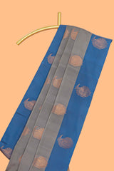 Grey zari motifs design kathan silk saree with contrast borders and plain blouse