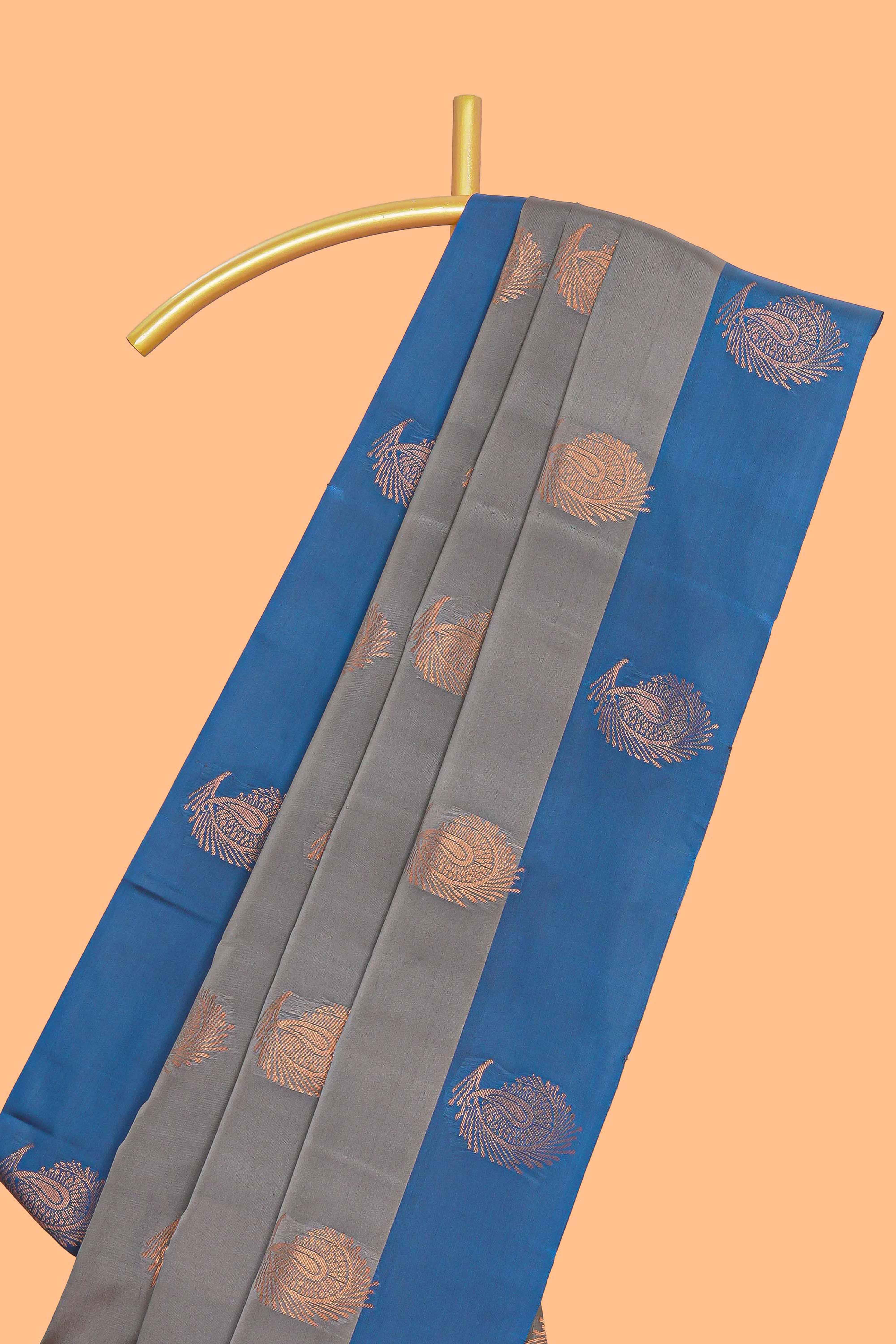 Grey zari motifs design kathan silk saree with contrast borders and plain blouse