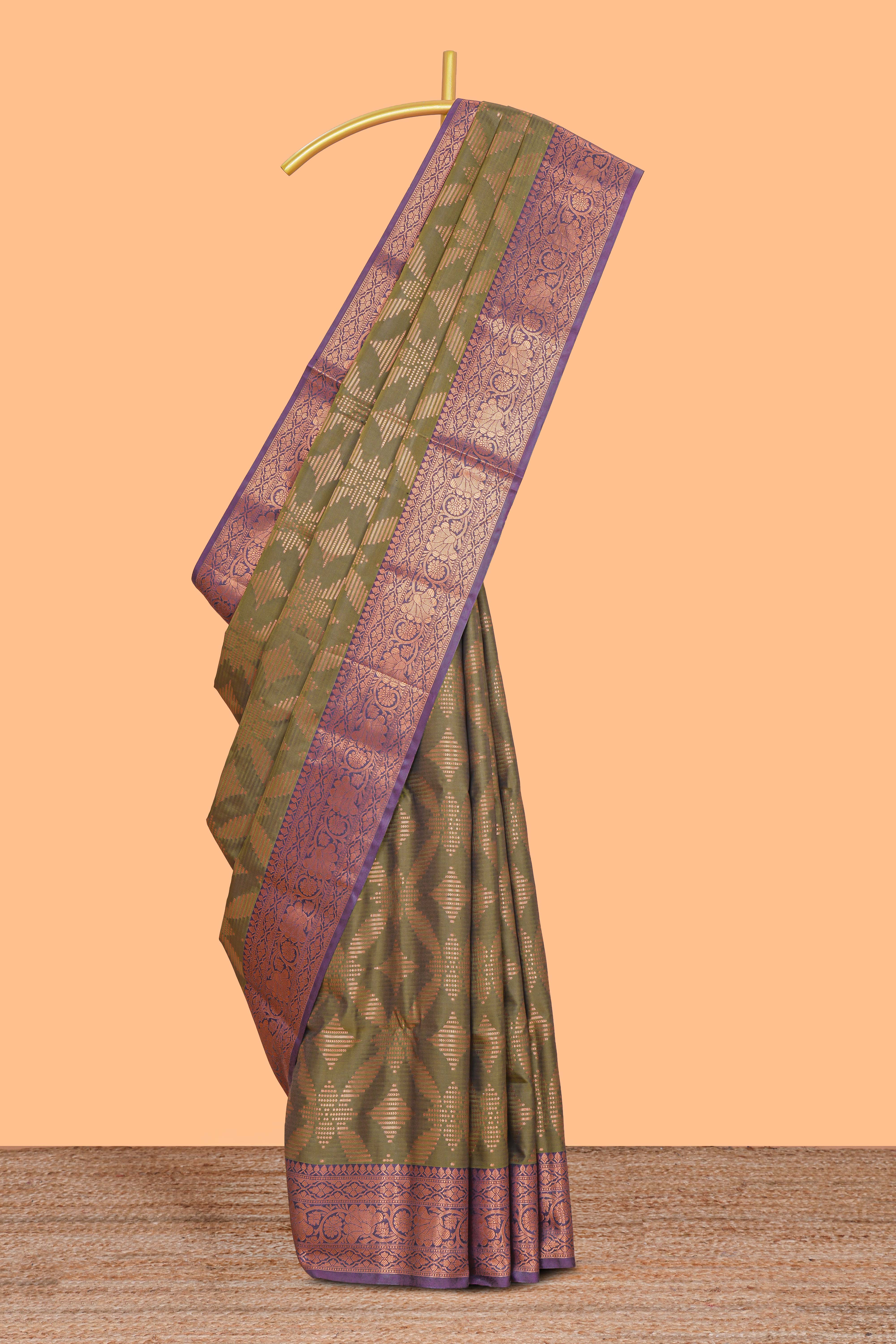 Green geometric zari design kathan silk saree with contrast zari borders and embroidery blouse