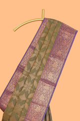 Green geometric zari design kathan silk saree with contrast zari borders and embroidery blouse
