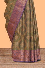 Green geometric zari design kathan silk saree with contrast zari borders and embroidery blouse