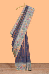 Grey geometric floral motifs zari design kathan silk saree with contrast zari borders and motifs blouse