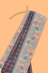 Grey geometric floral motifs zari design kathan silk saree with contrast zari borders and motifs blouse