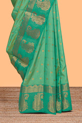 Green floral motifs zari design kathan silk saree with contrast zari borders and motifs blouse