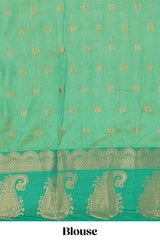 Green floral motifs zari design kathan silk saree with contrast zari borders and motifs blouse