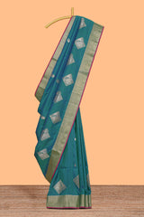 Green geometric motifs zari design kathan silk saree with contrast zari borders and motifs blouse