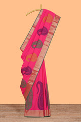 Pink motifs zari design kathan silk saree with contrast zari borders and motifs blouse