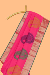 Pink motifs zari design kathan silk saree with contrast zari borders and motifs blouse