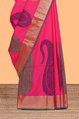 Pink motifs zari design kathan silk saree with contrast zari borders and motifs blouse
