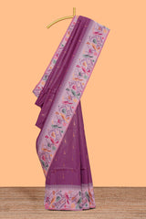 Purple zari striped design kathan silk saree with contrast zari borders and motifs blouse