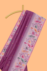 Purple zari striped design kathan silk saree with contrast zari borders and motifs blouse