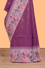 Purple zari striped design kathan silk saree with contrast zari borders and motifs blouse