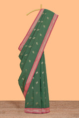 Green zari motifs design kathan silk saree with contrast zari borders and blouse