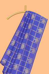 Borderless blue zari checked motifs design kathan silk saree with self zari borders and matching blouse