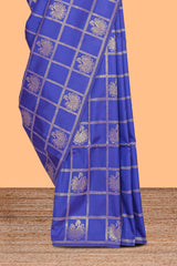 Borderless blue zari checked motifs design kathan silk saree with self zari borders and matching blouse