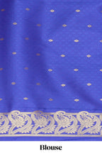 Borderless blue zari checked motifs design kathan silk saree with self zari borders and matching blouse