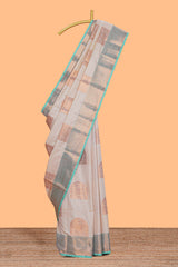 Beige zari motifs design kathan silk saree with contrast zari borders and motifs blouse