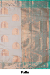 Beige zari motifs design kathan silk saree with contrast zari borders and motifs blouse