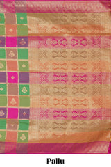 Multi color checked zari motifs design kathan silk saree with self zari borders and motifs blouse