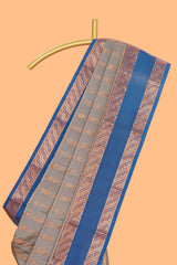 Grey zari striped design kathan silk saree with contrast bentex zari borders and blouse
