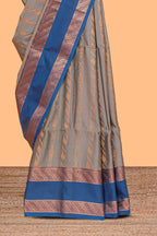 Grey zari striped design kathan silk saree with contrast bentex zari borders and blouse