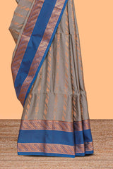Grey zari striped design kathan silk saree with contrast bentex zari borders and blouse