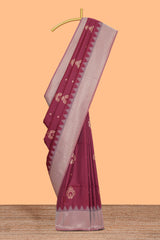 Maroon zari motifs design kathan silk saree with contrast zari borders and motifs blouse