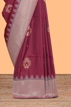 Maroon zari motifs design kathan silk saree with contrast zari borders and motifs blouse