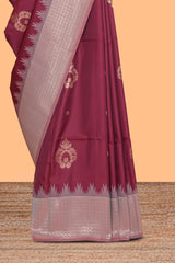 Maroon zari motifs design kathan silk saree with contrast zari borders and motifs blouse