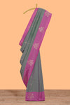 Grey zari motifs design kathan silk saree with contrast zari borders and motifs blouse