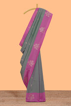Grey zari motifs design kathan silk saree with contrast zari borders and motifs blouse