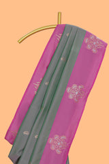 Grey zari motifs design kathan silk saree with contrast zari borders and motifs blouse