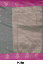 Grey zari motifs design kathan silk saree with contrast zari borders and motifs blouse