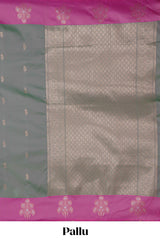 Grey zari motifs design kathan silk saree with contrast zari borders and motifs blouse