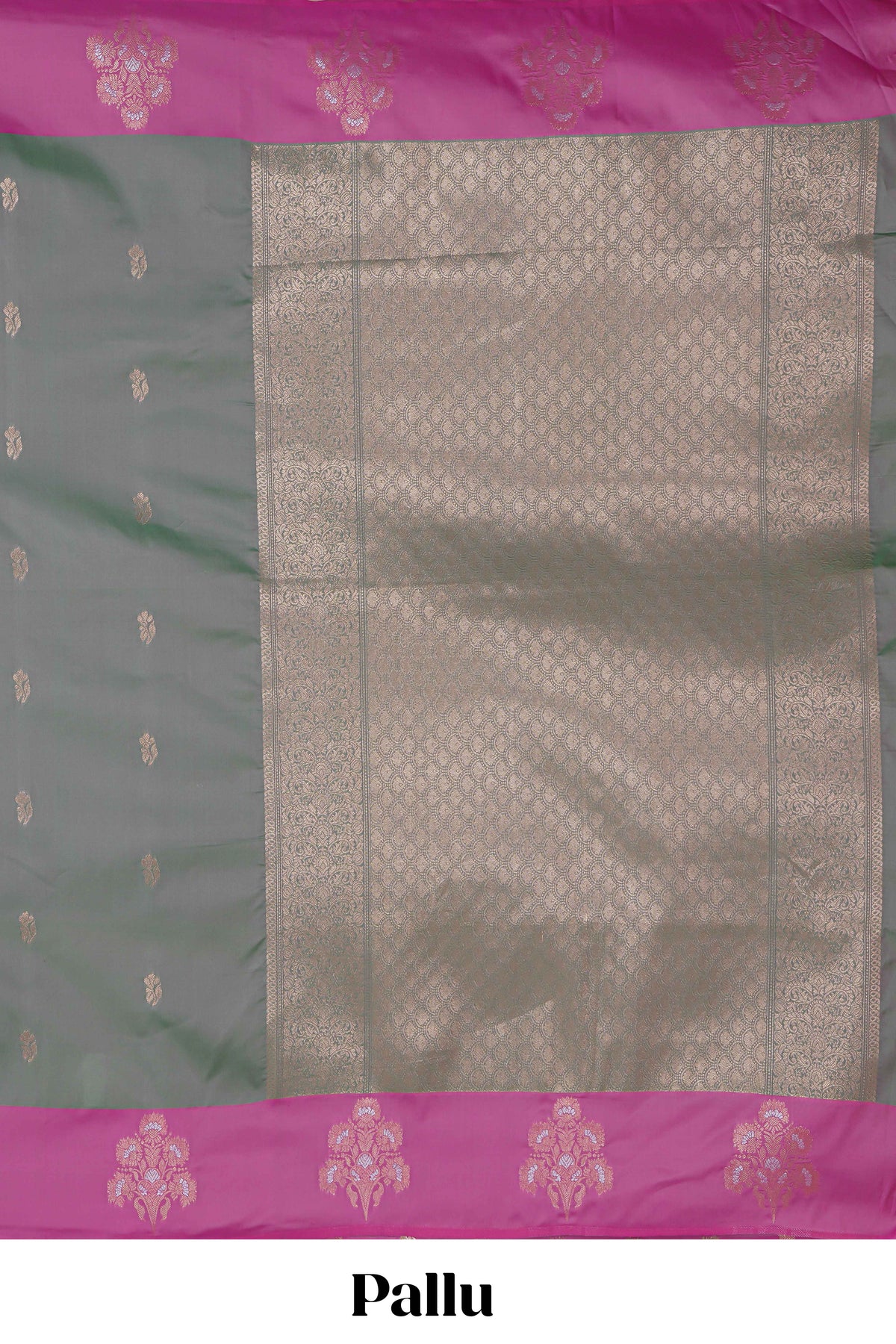Grey zari motifs design kathan silk saree with contrast zari borders and motifs blouse
