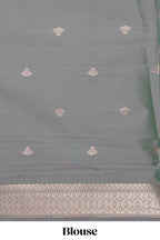 Grey zari motifs design kathan silk saree with contrast zari borders and motifs blouse