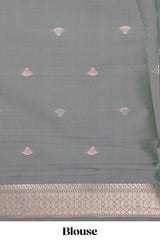 Grey zari motifs design kathan silk saree with contrast zari borders and motifs blouse