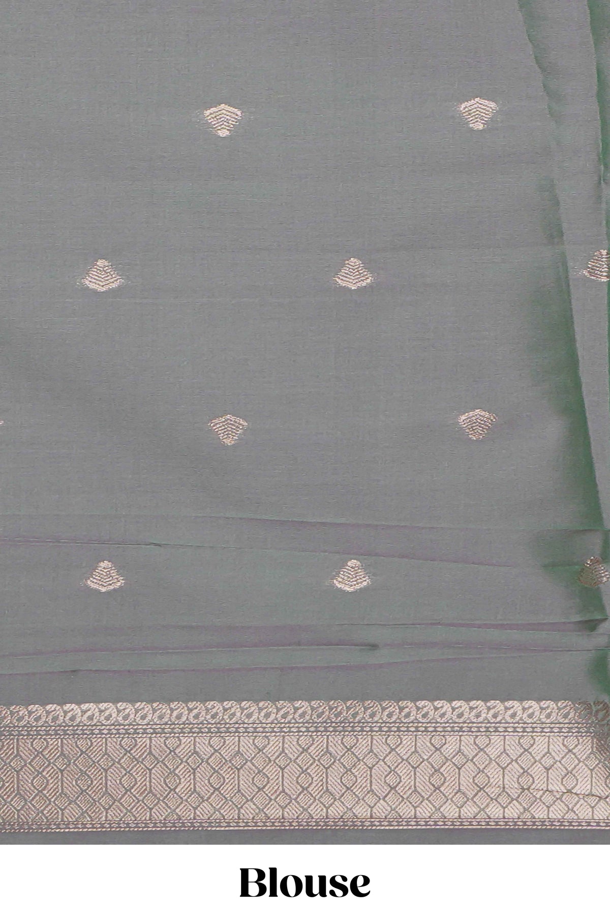 Grey zari motifs design kathan silk saree with contrast zari borders and motifs blouse
