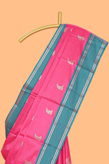 Pink floral zari design kathan silk saree with contrast zari borders and matching blouse