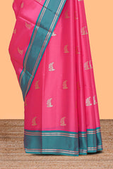 Pink floral zari design kathan silk saree with contrast zari borders and matching blouse