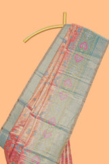Peach ikkat design kathan silk saree with contrast borders and motifs blouse