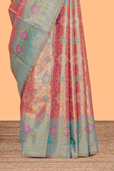 Peach ikkat design kathan silk saree with contrast borders and motifs blouse