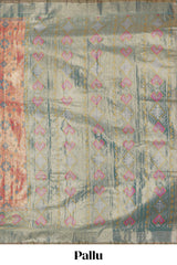 Peach ikkat design kathan silk saree with contrast borders and motifs blouse