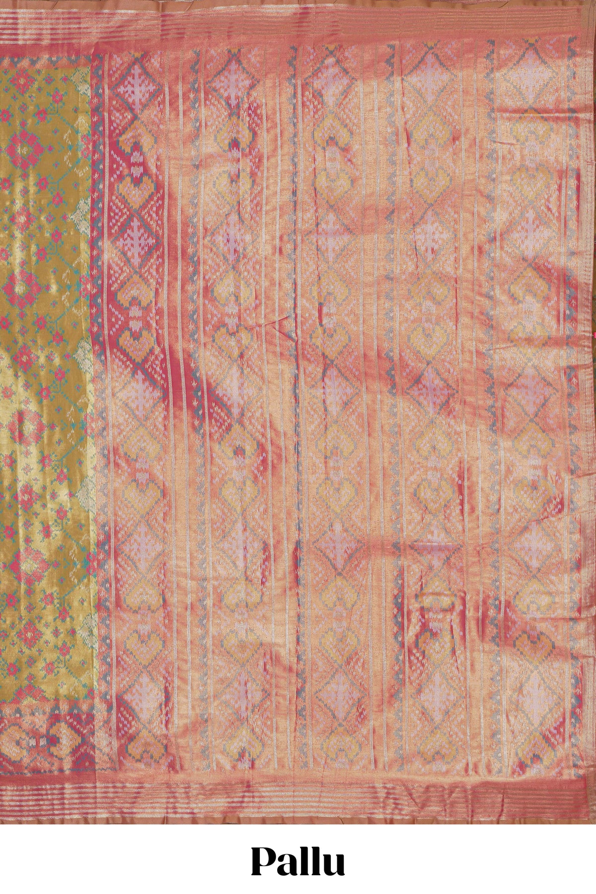 Green ikkat floral design kathan silk saree with contrast borders and motifs blouse