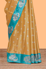 Mustard zari motifs design kathan silk saree with contrast borders and motifs blouse
