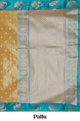 Mustard zari motifs design kathan silk saree with contrast borders and motifs blouse